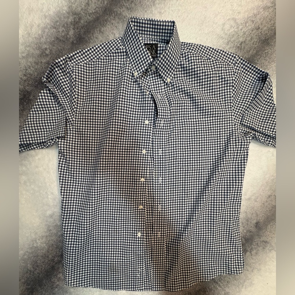(B4) Jos. A. Bank‎ Men’s Short Sleeve Gingham Button Down Shirt - Blue & White M